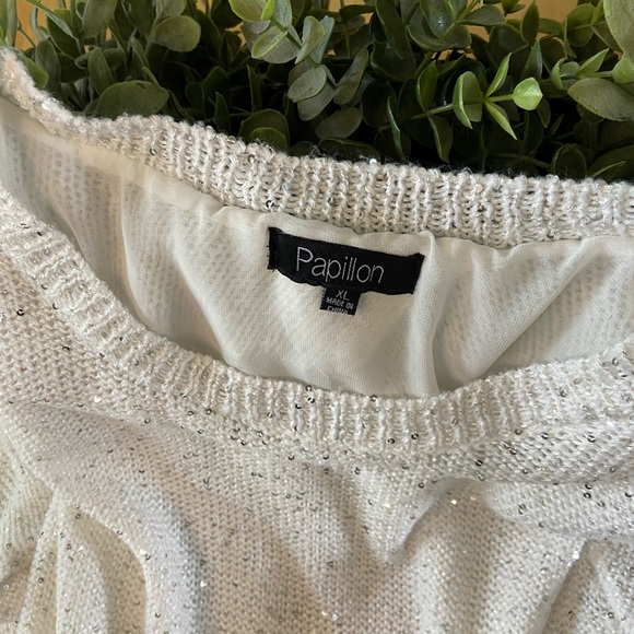 PAPILLON Sequin Mixed Media Sweater in White Size XL - Picture 6 of 7